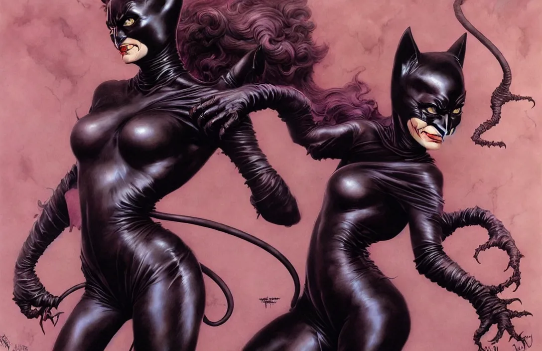 Prompt: cat woman from batman in the style of wayne barlowe, gustav moreau, peter mohrbacher, bussiere, roberto ferri, santiago caruso, luis ricardo falero, austin osman spare, boris vallejo, hajime sorayama, frazetta