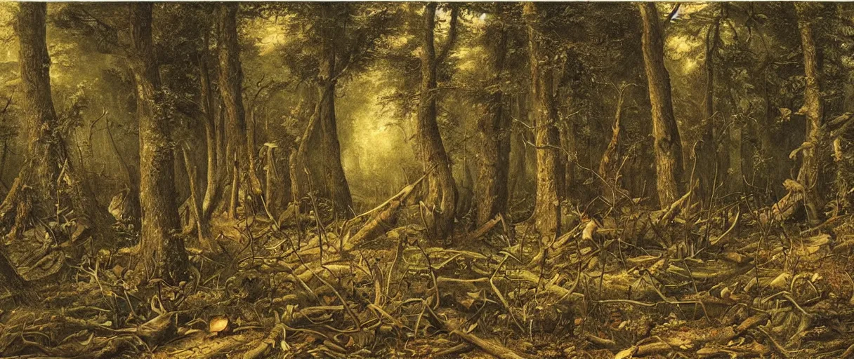 Prompt: stunning detailed artwork of a crime scene in the woods by eugene von guerard