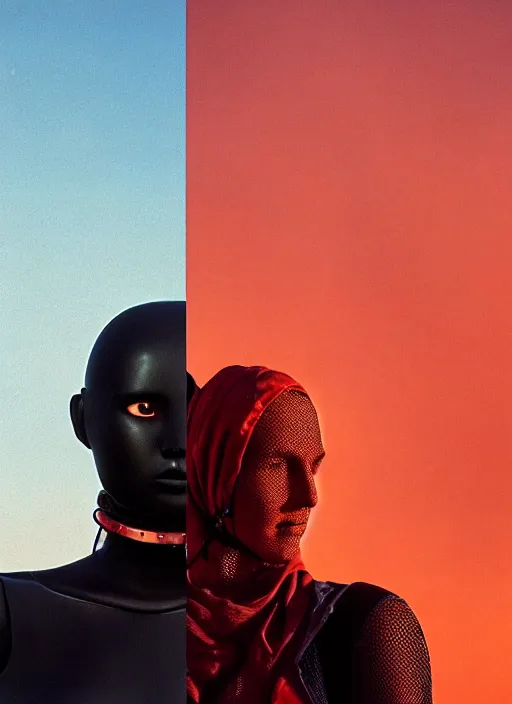 Image similar to cinestill 5 0 d photographic portrait by steve mccurry of two lesbian female androids wearing rugged black mesh techwear on a desolate plain with a red sky, extreme closeup, cyberpunk style, dust storm, 8 k, hd, high resolution, 3 5 mm, f / 3 2, ultra realistic faces, ex machina, blade runner