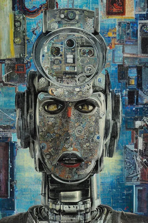 Image similar to robot monk painting a self - portrait on a canvas. intricate, highly detailed, photorealistic, film still, by christopher doyle.