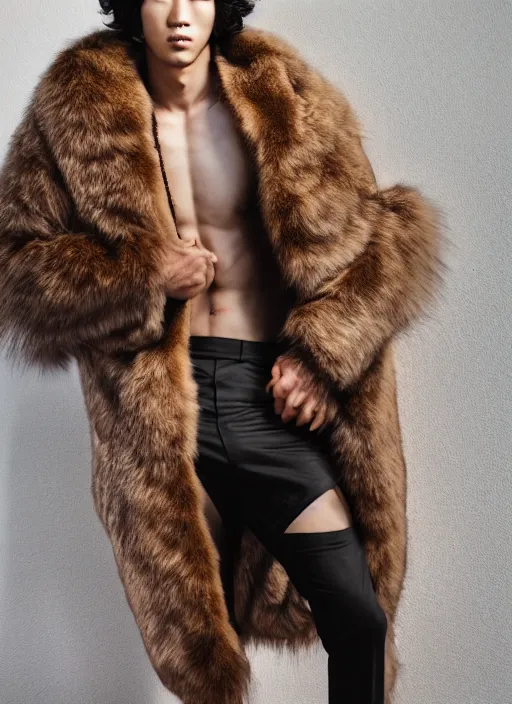 Prompt: an official aesthetic 8 k futuristic clothing advertisement photograph of a korean japanese hot attractive handsome asian man with black curly hair posing shirtless on land wearing a huge light brownish fur coat and y 2 k white pants, studio lighting