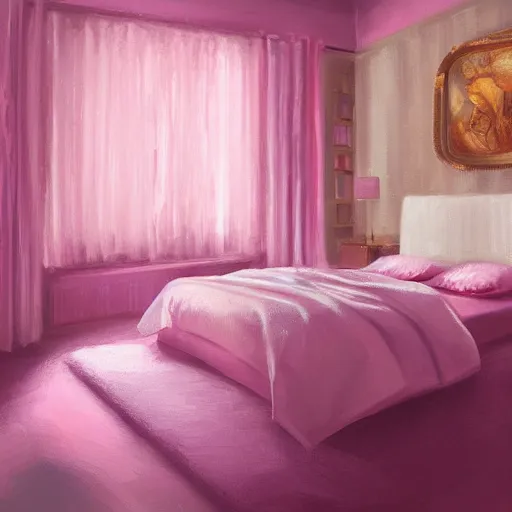 Image similar to a pink bedroom with gold walls, digital Painting, ultradetailed, artstation, oil Painting, ultradetailed, artstation