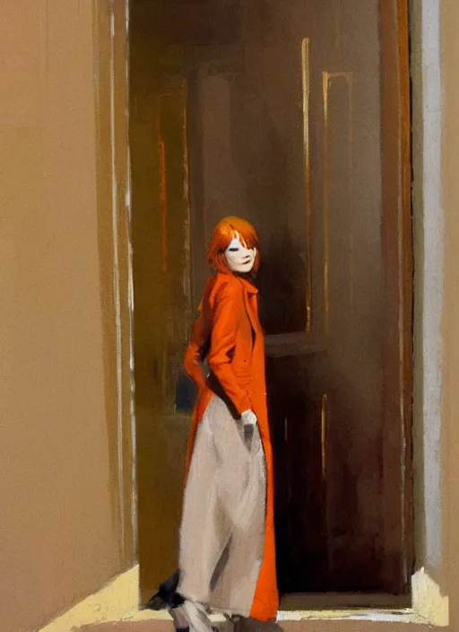 Image similar to back of emma stone in beige coat, orange hair, walking into new york apartment building in winter, opening door, building entrance, artwork by gaston bussiere, craig mullins, trending on artstation