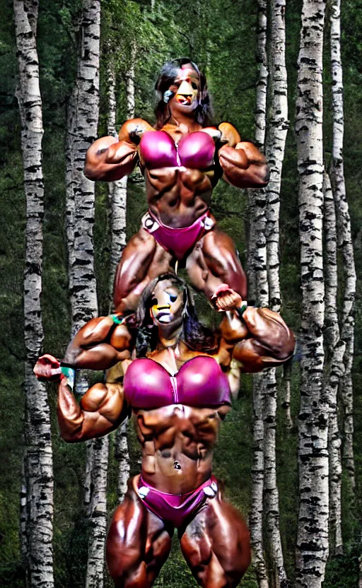 Prompt: photo of several female bodybuilders posing in a birch forest jeff koons hip hop bauhaus style, beautiful detailed face, ultra realistic, concept art, intricate details, serious, highly detailed, photorealistic, octane render, 8 k, unreal engine, art by todd mcfarlane