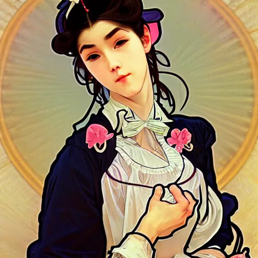 Prompt: full body painting of grumpy handsome thin beautiful young man in his 2 0 s named min - jun in a modest french female maid outfit, modern clothing, elegant, clear, painting, stylized, sharp facial features, pouty, highly detailed, art, art by alphonse mucha