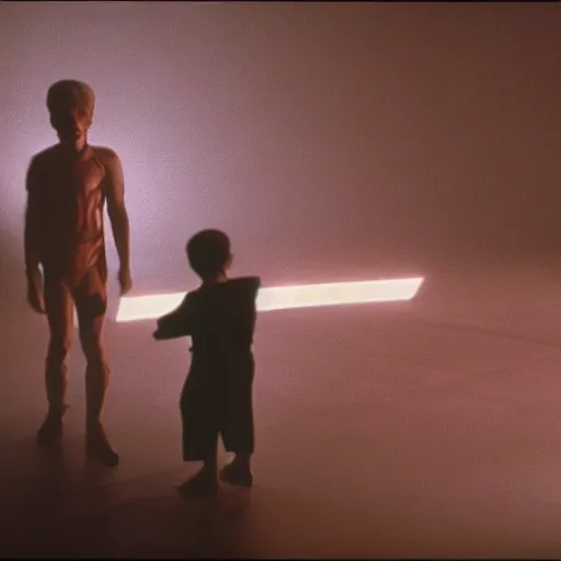 Image similar to movie scene of a iluminated boy, movie still, cinematic composition, cinematic light, criterion collection, reimagined by industrial light and magic, Movie by David Lynch and Ridley Scott