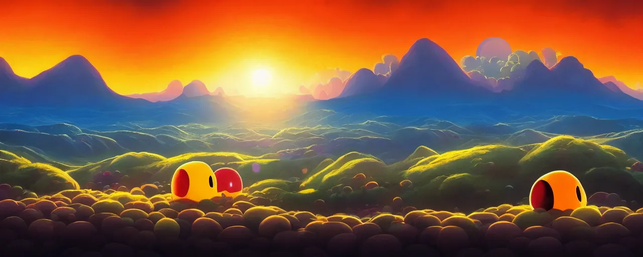 Image similar to detailed round pacman, with ghosts, in a beautiful nature landscape with clouds, mountains, in background, sunset, by rhads, pacman