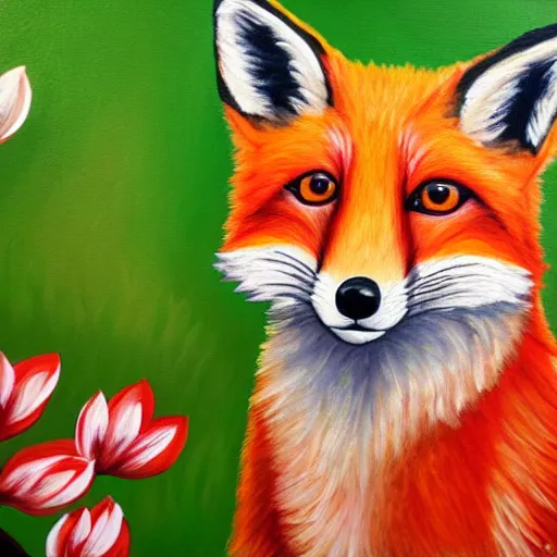 Image similar to painting of a cute red fox in the middle of a white magnolia forest