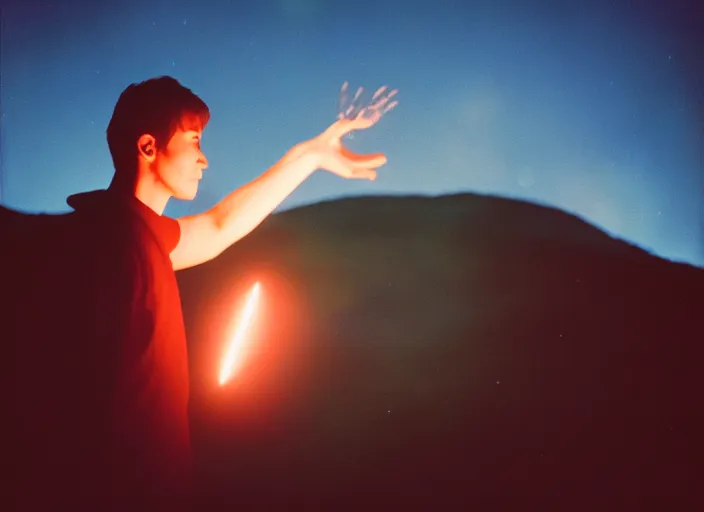 Prompt: a very good looking and dramatic sorcerer holds out their hand from which a blast of bright magic flies, on an empty moonlit hill, dramatic lighting, lens flare, 3 5 mm full frame professional photography, kodachrome