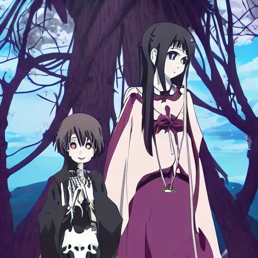 Image similar to anime key visual for a female necromancer and her skeleton friend, from a slice of life anime. tv anime series, kyoto animation, by phil noto ( 2 0 2 2 )