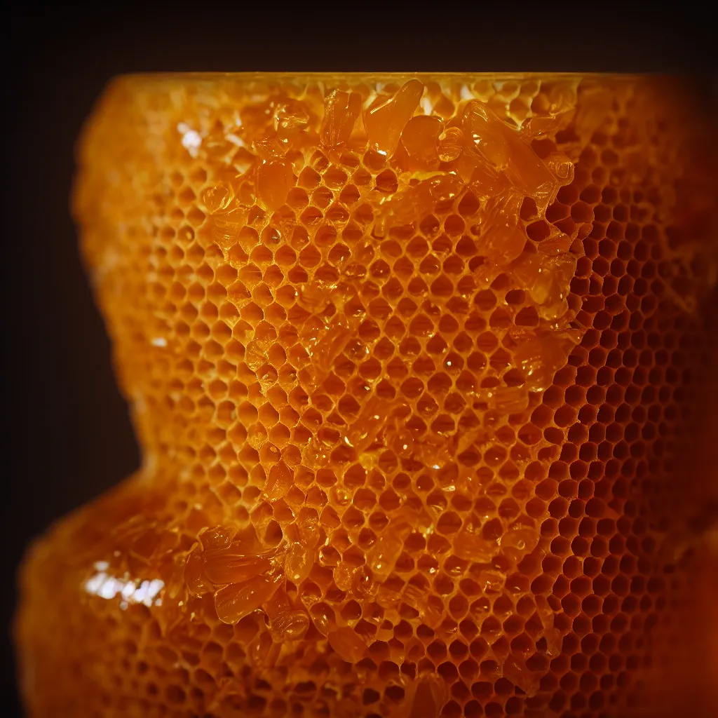 Prompt: real honeycomb traditional vase with honey by tomas gabzdil libertiny, product design, film still from the movie directed by denis villeneuve with art direction by zdzisław beksinski, telephoto lens, shallow depth of field