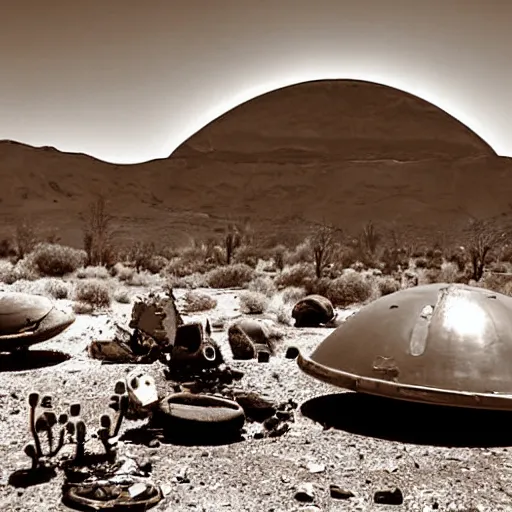 Image similar to crashed burning UFO broken flying saucer in pieces strewn across a rocky desert, with a sad Roswell grey alien trying to repair his destroyed spacecraft in the desert, crashed smoking UFO, crashed bent and broken Flying Saucer, cactus and rocks in the background, dusk, Nikon photo