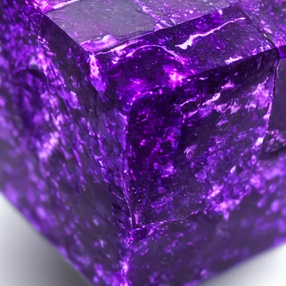 Prompt: a 4 k photorealistic photo close up of a purple stone cube, mysterious.