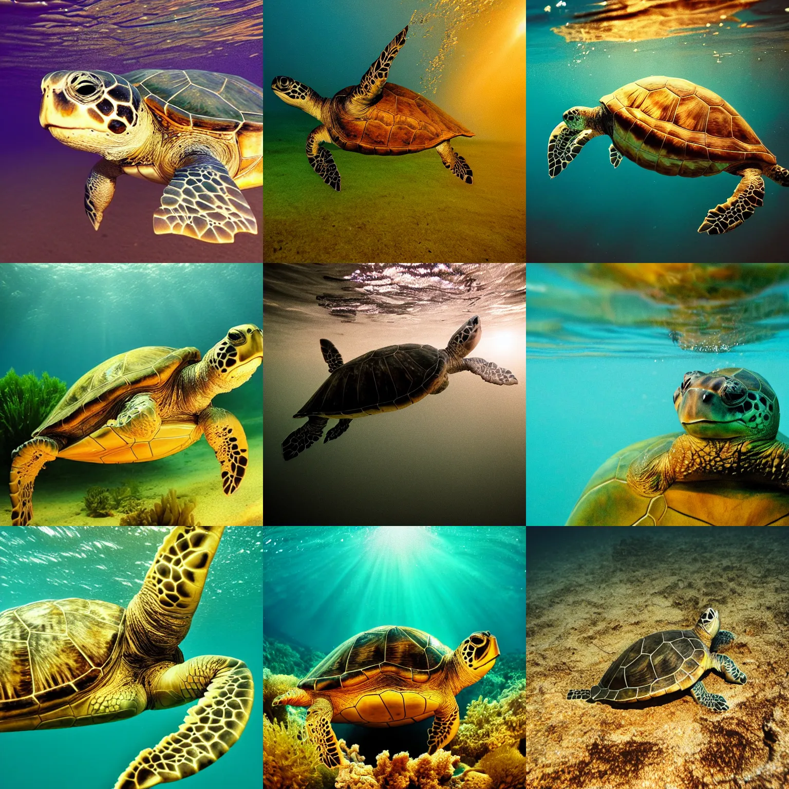 Prompt: a breathing turtle, the golden hour, underwater photograph