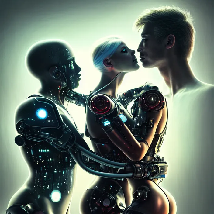 Image similar to ultra realistic medium shot of couple cyborgs male and female kiss, lovers, cyberpunk, sci - fi, fantasy, kodak, colour led, soft light, volumetric lighting, night, intricate, istock, highly detailed, digital painting, concept art, smooth, sharp focus, illustration, art by artgerm and greg rutkowski and alphonse mucha