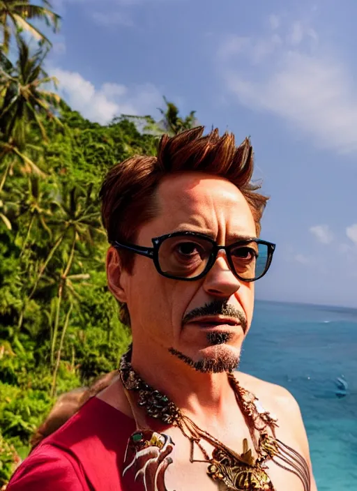 Image similar to a full portrait photo of robert downey jr holiday in bali, f / 2 2, 3 5 mm, 2 7 0 0 k, lighting, perfect faces, award winning photography.