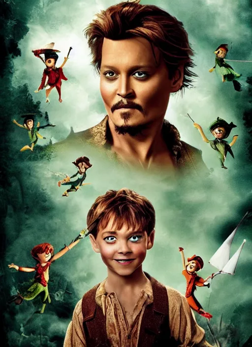 Prompt: johny depp as Peter Pan,movie poster