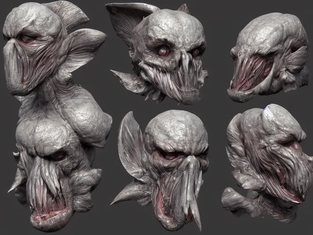 Image similar to barnacle, muscular, chiroptera head, chiroptera ears, chiroptera nose, barnacle, artstation, cgsociety, zbrush, no background