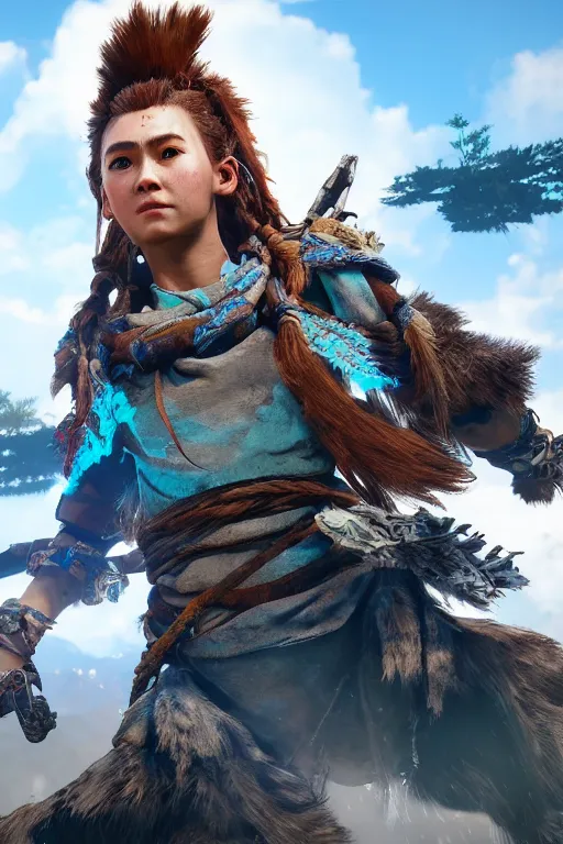 Prompt: a beautiful portrait photo of Aloy from Horizon Zero Dawn, cinematic masterpiece