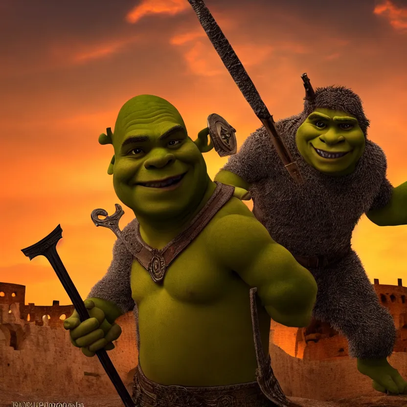 Image similar to shrek as a gladiator holding a sword, roman colosseum, sunset, cinematic lighting, volumetric lighting, award winning photography, highly detailed, intricate, sharp focus, 4 k wallpaper, unreal engine, 9 0 mm, f / 1. 4