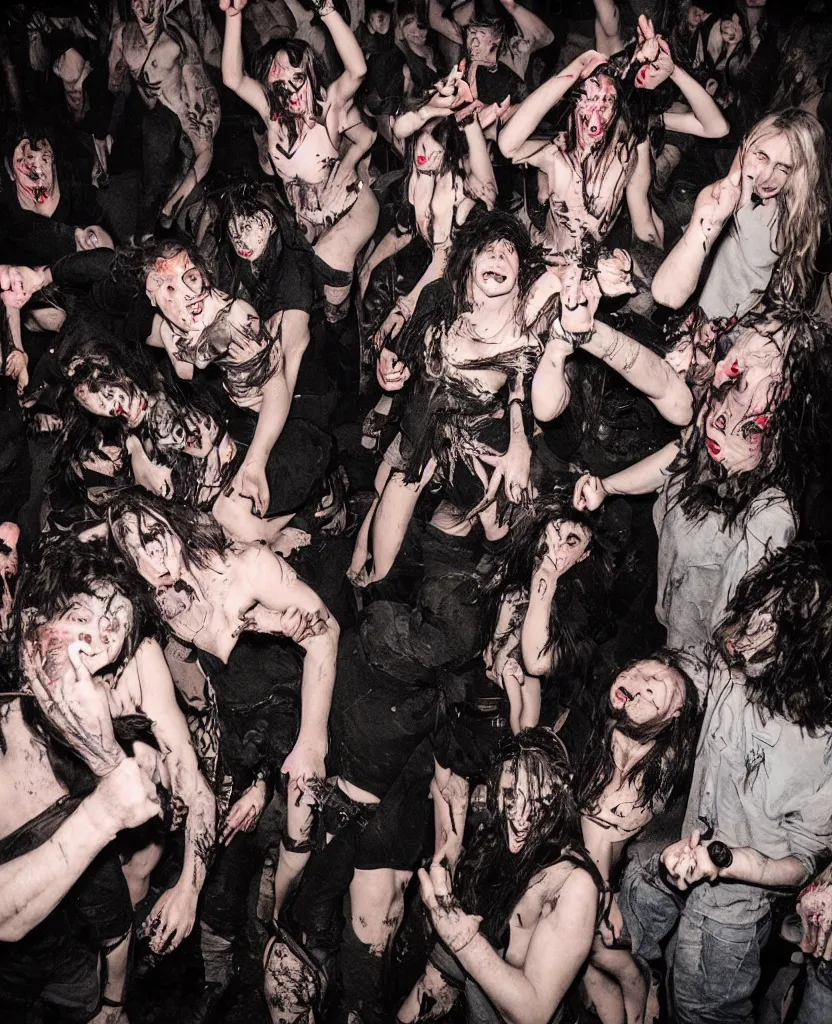 Image similar to photos of a wild underground party taken by merlin bronques, angry demonic death ghosts