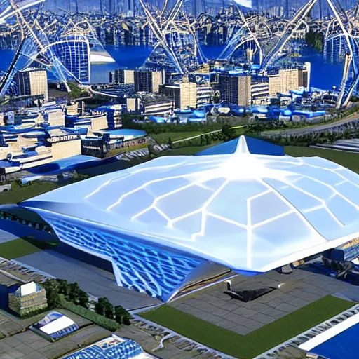 Prompt: a futuristic stadium floating in the middle of a city, hex shaped, hexadome, blue energy field hexagonal dome, unreal engine, epic lighting