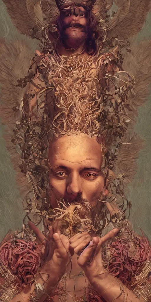 Image similar to Portrait of enki sumerian god, holding a strobilus in his left hand and wings. illustration, by James Jean, artgerm, octane render, by John Coltrane and Marc Simonetti, Manic, inspired by Greg rutkowski, colorful, high detail of the face, full body