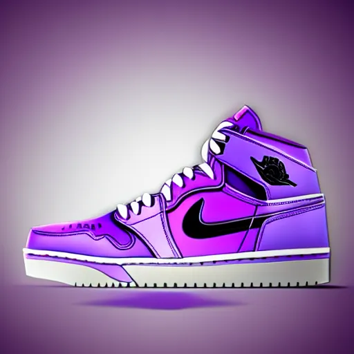Image similar to nike air jordans, high tops, plain purple background, 3 d, render, realistic