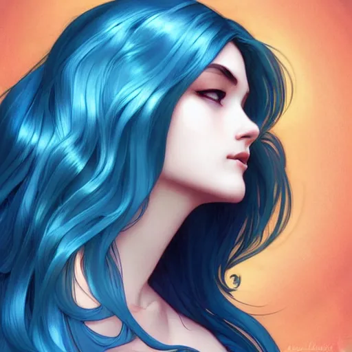 Prompt: A beautiful goddess with blue hair, highly detailed, digital painting, smooth, sharp focus, illustration, art by artgerm and alphonse mucha, high definition digital art, in the style of Ross tran and ilya kuvshinov 7777777777