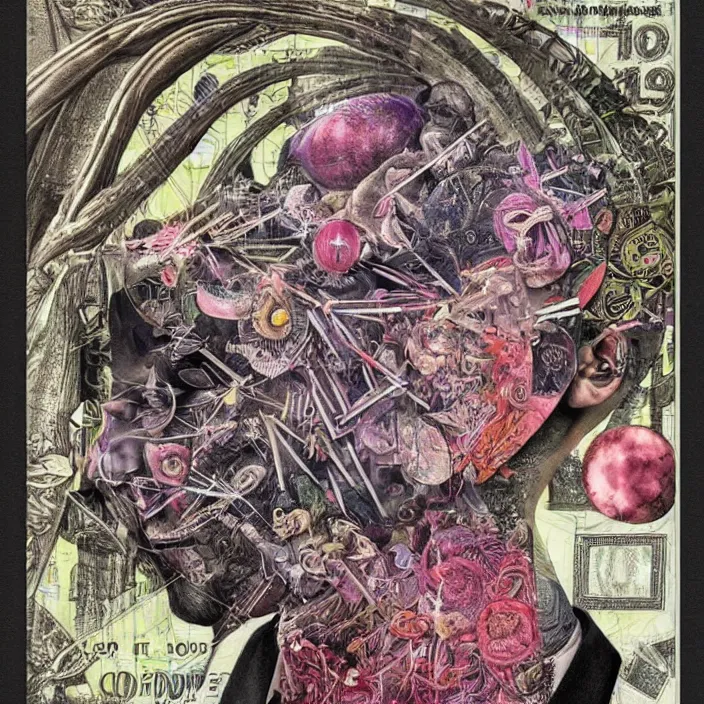 Image similar to new age album cover, asymmetrical design, viktor orban, dollar bank notes, capitalism, magic, psychedelic, black white pink, highly detailed, magic, giger h. r., giuseppe arcimboldo