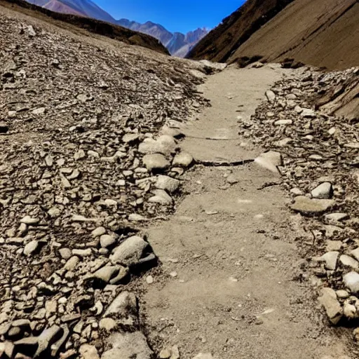 Prompt: POV: walking a dirt path in the tibetan mountains, manga art