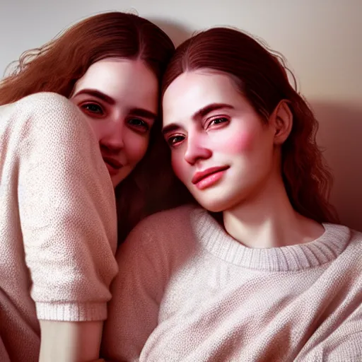 Image similar to intricate beautiful hyperreal portrait of identical twin women, smiling softly, casual clothes, relaxing on the couch, home interior, golden hour, close up shot, 8 k, art by irakli nadar, hyperrealism, hyperdetailed, ultra realistic