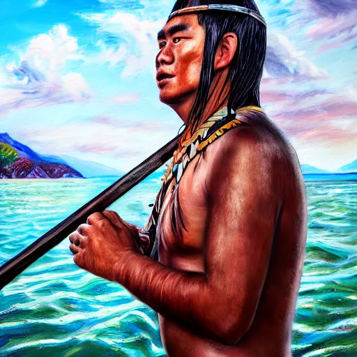 Image similar to a pacific islander warrior on a boat painting, 4 k, hyper realistic, dslr, high resolution, landscape, beautiful