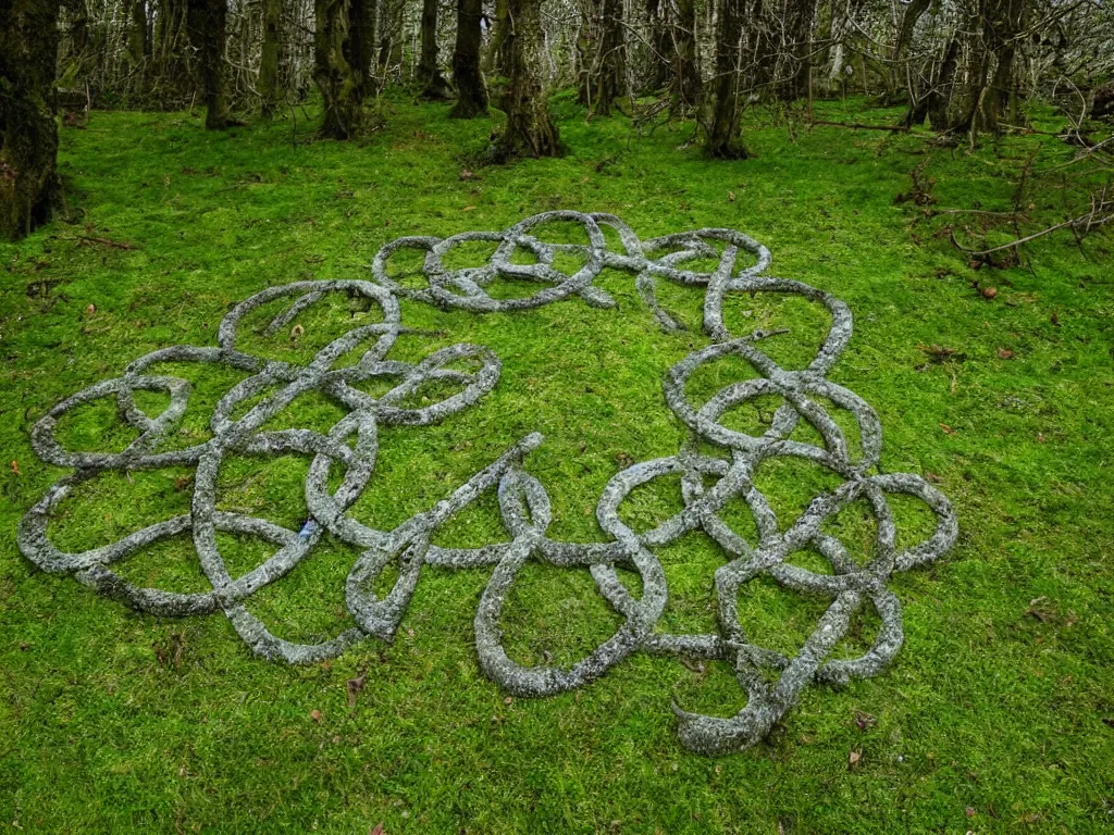 Image similar to Stone circle in an enchanted forest grove, mossy and green, at night with full moon, celtic knot made of wood and bone
