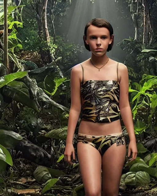 Image similar to Millie Bobby Brown in a jungle of lightning