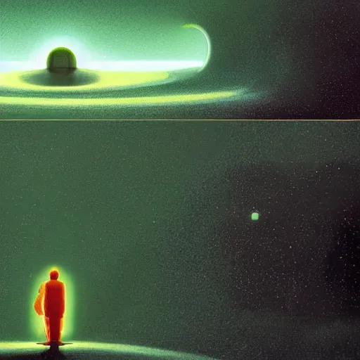 Image similar to portrait of a confident young and old man becoming an omniscient being , high detail, , concept art, floating particles, glowing green eyes, background by john harris + david a. hardy, artwork by jean giraud + goro fujita
