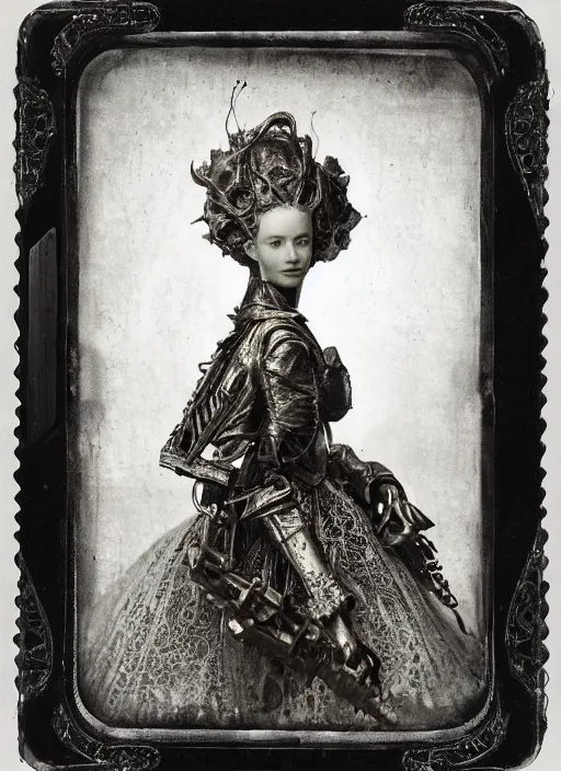 Image similar to old wetplate daguerreotype frame portrait of a futuristic silver armored marie antoinette cyborg, fractal, intricate, elegant, highly detailed, subsurface scattering, by jheronimus bosch and greg rutkowski and louis jacques mande daguerre