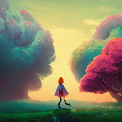 Image similar to giant cherry tree as a head, girl walking in a canyon, surreal photography, sunrise, dramatic light, impressionist painting, colorful clouds, digital painting, artstation, simon stalenhag