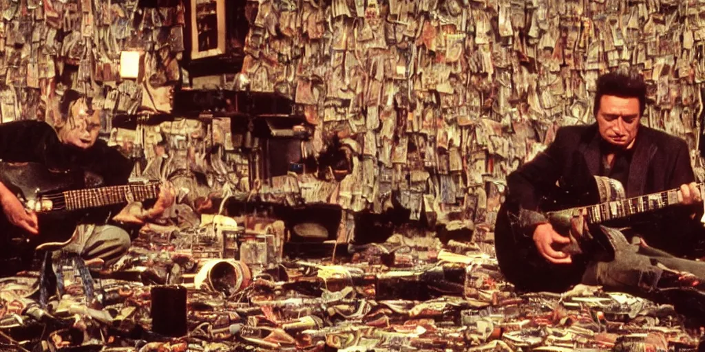 Image similar to Johnny Cash croons snake guitar amidst reels of tape, pools of petroleum, newspaper clippings, writhing snakes and sheathes of wheat, still from the unreleased movie UNLESS YOU HATE BULL RUNS directed by Federico Fellini, purple green atmospheric lighting, full color 35mm film, rendered in octane with snakeoil subsurface scattering