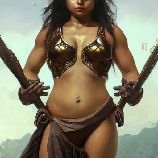 Image similar to painting of a muscular dark nepali female, bikini armour, big eyes, fat, ultra realistic, concept art, intricate details, eerie, highly detailed, photorealistic, octane render, 8 k, unreal engine. art by artgerm and greg rutkowski and alphonse mucha