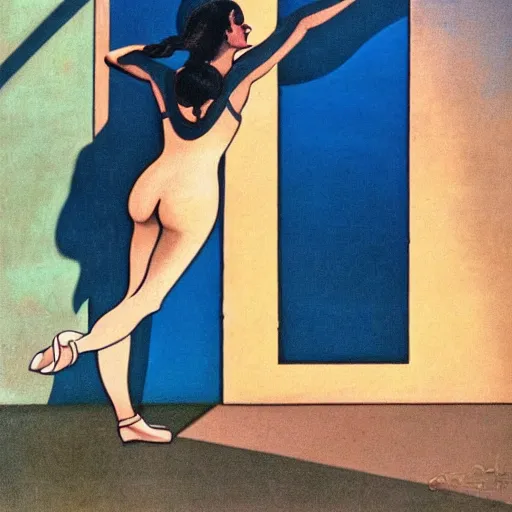 Image similar to a ballerina facing a blue portal on the street, which shows a beach at sunset, alberto vargas