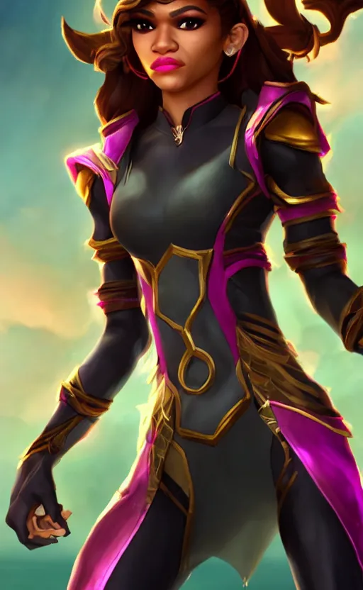 Image similar to Zendaya as a character in the game League of Legends, with a background based on the game League of Legends, detailed face, old 3d graphics