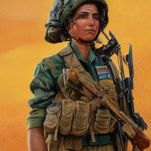 Prompt: beautiful YPJ soldier wearing a Kurdistan flag insignia in the defense of Kobanî in the siege of Kobanî, detailed, centered, digital painting, artstation, concept art, donato giancola, Joseph Christian Leyendecker, Boris Vallejo, Breathtaking, 8k resolution, extremely detailed, beautiful, establishing shot, artistic, hyperrealistic, beautiful face, octane render