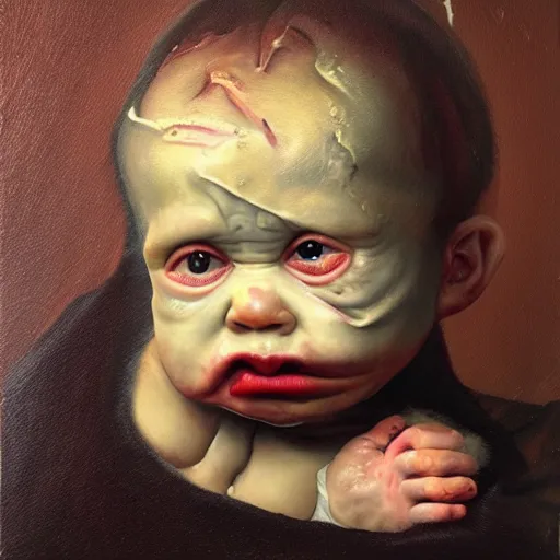 Prompt: oil painting by christian rex van minnen of a portrait of an extremely bizarre disturbing mutated baby with intense chiaroscuro lighting perfect composition, baby scarred, burns, horrible, disgusting, terrifying, award winning painting