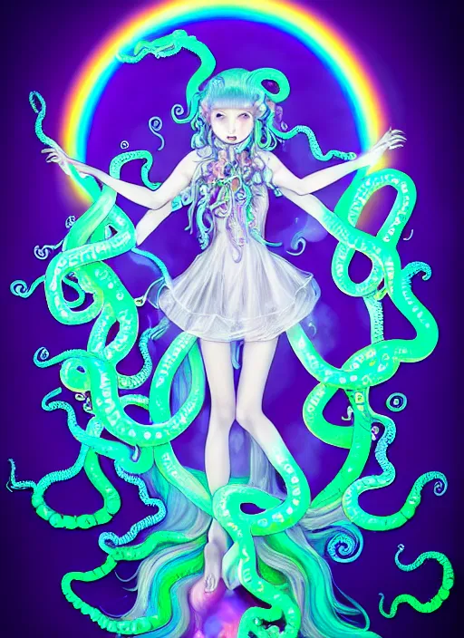 Image similar to A full shot of a cute magical monster girl wearing a dress made of opals and tentacles. Creepy Pasta. F1.4. Symmetrical. Dark Smoke and VFX. Caustics refraction. Prism light. defined facial features, symmetrical facial features. Rainbows. Soft Lighting. beautiful lighting. By Giger and Ruan Jia and Artgerm and Range Murata and WLOP and William-Adolphe Bouguereau and Loish and Lisa Frank. trending on artstation, featured on pixiv, award winning, sharp, details, intricate details, realistic, Hyper-detailed, HD, HDR, 4K, 8K.