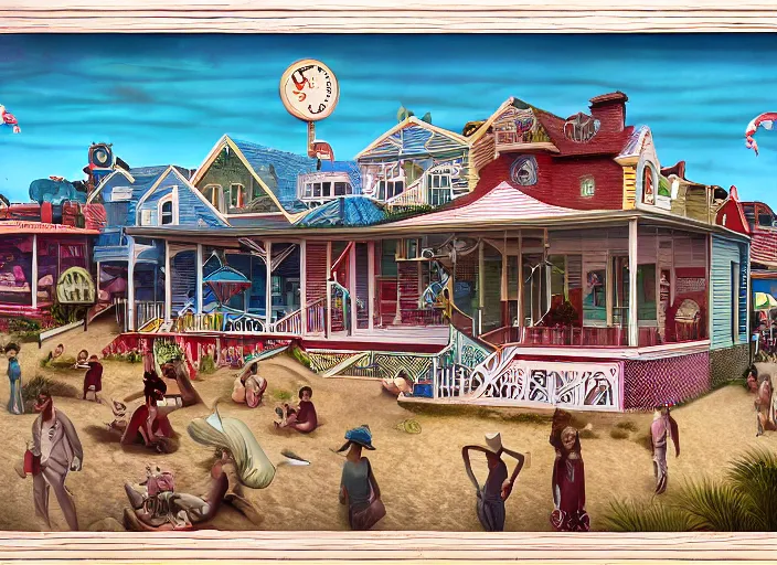 Image similar to australian beach house town, lowbrow, matte painting, 3 - d highly detailed, in the style of mark ryden,