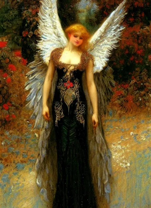 Image similar to vertical prtrait of an angel knight gothic girl, baroque dress. by gaston bussiere