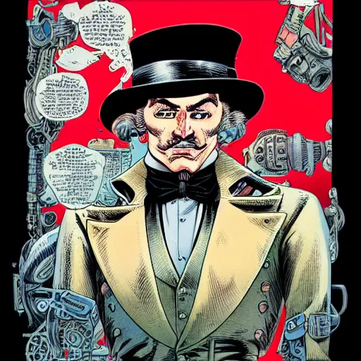 Prompt: portrait of a steampunk cyborg gentleman wearing a red top hat by Brian Bolland