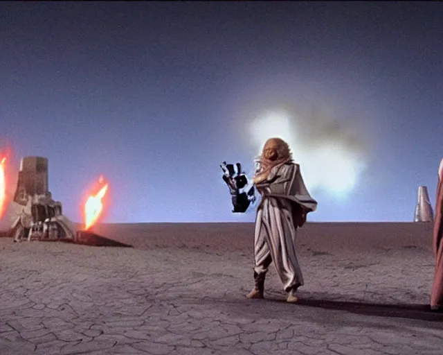 Image similar to doc brown and the delorean encounter the jawas on tatooine