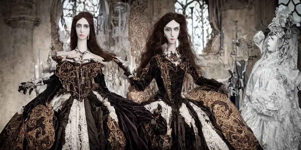 Prompt: photo taken of an epic intricate, ultra detailed, super realistic stop motion puppet of a majestic gracious regal aristocratic brunette female vampires in a gothic victorian filmset studio created by weta workshop and tim burton, menacing, wide angle, full body shots, photorealistic, sharp focus, gloomy, extremely cold blueish colour temperature, 3 5 mm, f 1. 4